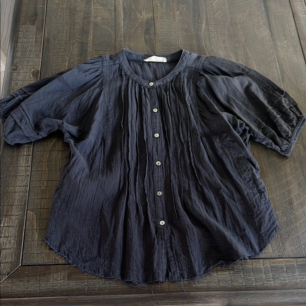 SOLD Lucky Brand Blue Pleated Blouse with Puff Sleeves and Bib Collar